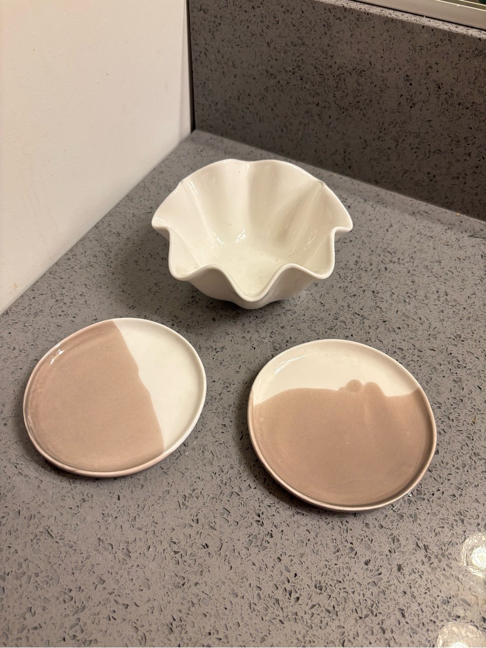 (2) CB2 two-toned glazed finish mini snack plates. With a scallop bowl.
